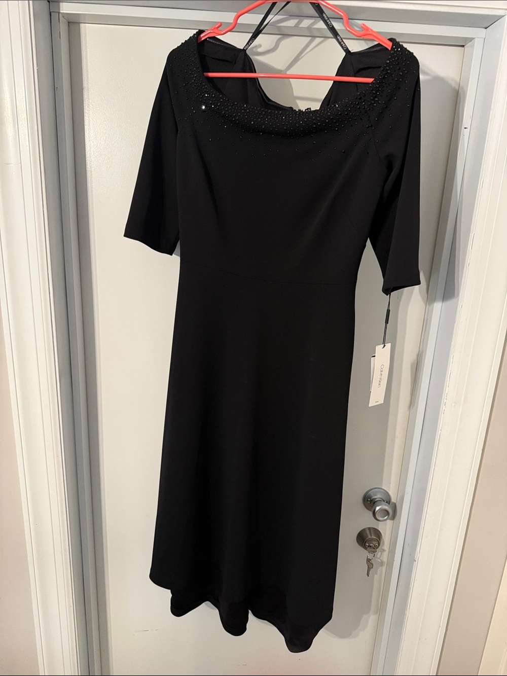 Calvin Klein Black Midi Dress with Beaded Scoop Neck